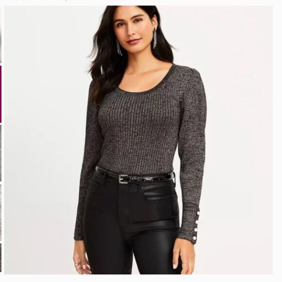 LOFT Shimmer Pearlized Cuff Ribbed Puff Sleeve Sweater Womens Large NWT - Picture 2 of 11